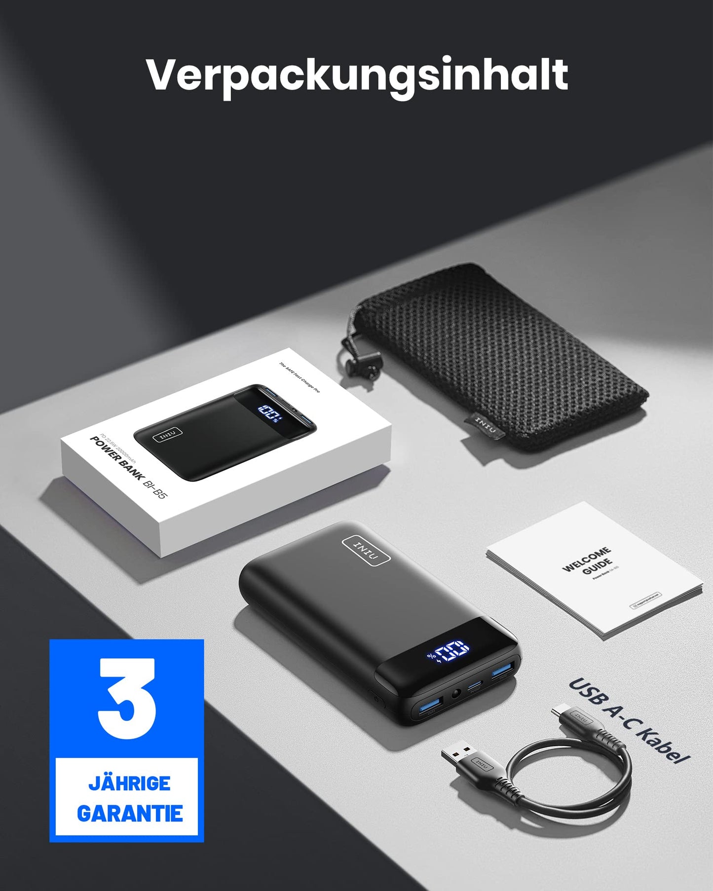 👉 Powerbank 20000mAh mit 22.5W Schnellladefunktion – Kompakte Externe Batterie mit USB-C & 2 USB-A, LED Display, Ideal für Reisen & Outdoor